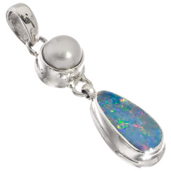 925 Silver Australian Opal White Freshwater Pearl Sterling Pendant, 1 1/4"