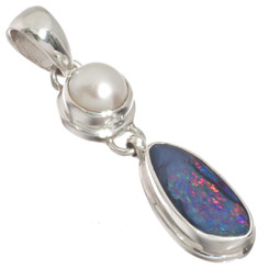 925 Silver Australian Opal White Freshwater Pearl Sterling Pendant, 1 1/4"