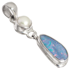 925 Silver Australian Opal White Freshwater Pearl Sterling Pendant, 1 1/4"