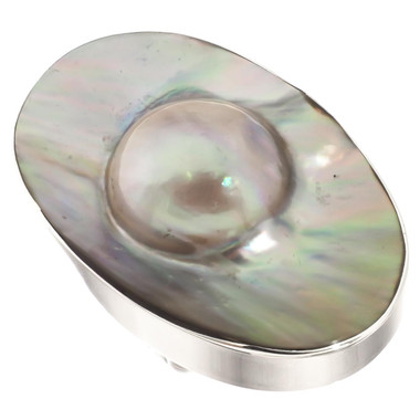 925 Silver Oval Opulent Mabe Blister Mother Of Pearl Shell Sz 6 Ring, 1 1/4"