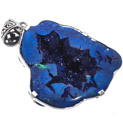 925 Silver Very Rare Specimen Azurite Nodule Geode Druzy Sterling Pendant