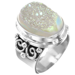 925 Silver Sparkling White Opal Titanium Agate Druzy Sterling Sz 6 Ring