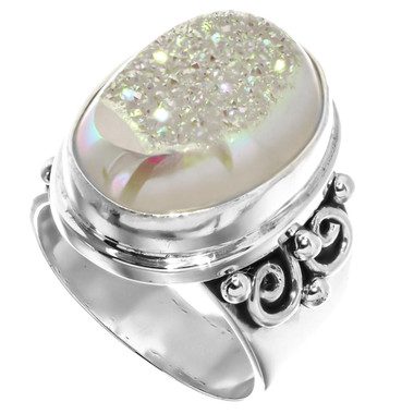 925 Silver Sparkling White Opal Titanium Agate Druzy Sterling Sz 6 Ring