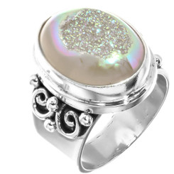 925 Silver Sparkling White Opal Titanium Agate Druzy Sterling Sz 7 Ring