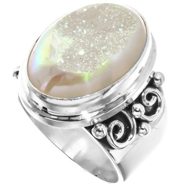 925 Silver Sparkling White Opal Titanium Agate Druzy Sterling Sz 7 Ring