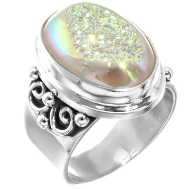 925 Silver Sparkling White Opal Titanium Agate Druzy Sterling Sz 8 Ring