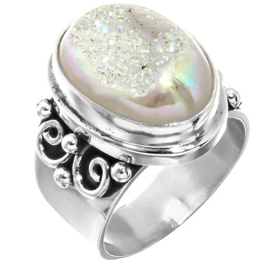 925 Silver Sparkling White Opal Titanium Agate Druzy Sterling Sz 8 Ring