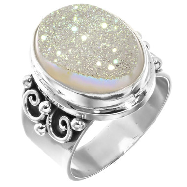 925 Silver Sparkling White Opal Titanium Agate Druzy Sterling Sz 9 Ring