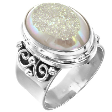 925 Silver Sparkling White Opal Titanium Agate Druzy Sterling Sz 9 Ring