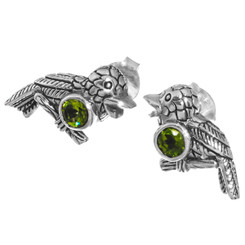 925 Silver Exquisite Parrot Bird Design Peridot Sterling Post Earrings, 13/16"
