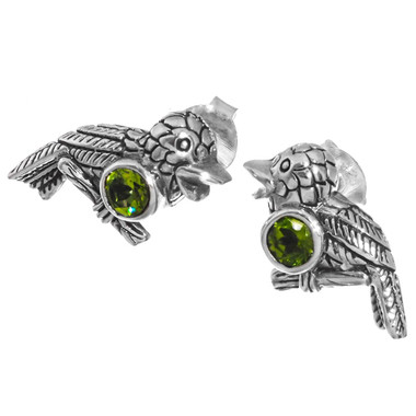 925 Silver Exquisite Parrot Bird Design Peridot Sterling Post Earrings, 13/16"