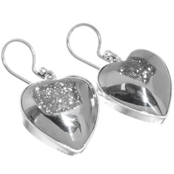 925 Silver Mist Sparkling Titanium Agate Heart Druzy Drusy Earrings, 3/4"
