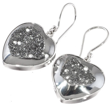 925 Silver Mist Sparkling Titanium Agate Heart Druzy Drusy Earrings, 3/4"