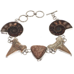 925 Silver Ammonite Shark Tooth Coral Fossil Sterling Bracelet
