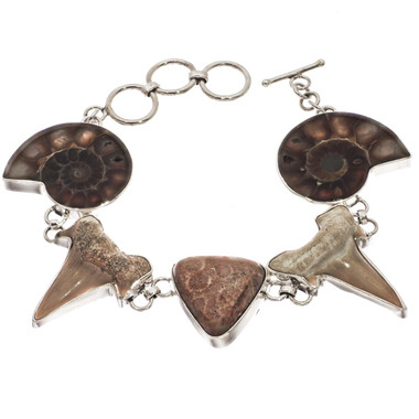 925 Silver Ammonite Shark Tooth Coral Fossil Sterling Bracelet