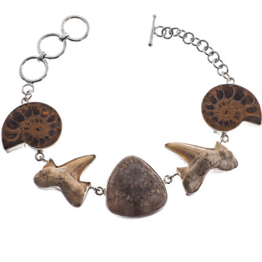 925 Silver Ammonite Shark Tooth Coral Fossil Sterling Bracelet