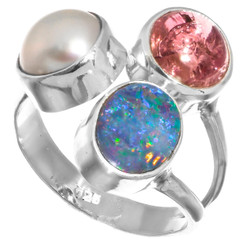 925 Silver Pink Tourmaline Australian Blue Opal Freshwater Pearl US 6 Ring