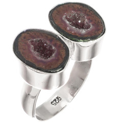 Genuine Mexican Geode Drusy Pair 925 Sterling Silver Ring, US 7