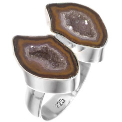 Genuine Mexican Geode Drusy Pair 925 Sterling Silver Ring, US 7