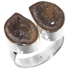 Genuine Mexican Geode Drusy Pair 925 Sterling Silver Ring, US 8