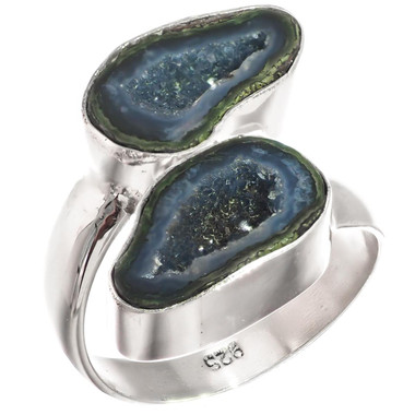 Genuine Mexican Geode Druzy Pair 925 Sterling Silver Ring, US 7