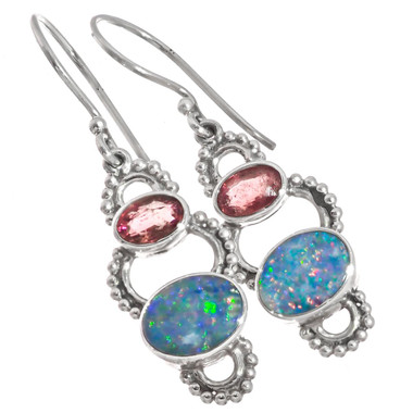 925 Silver Tourmaline Natural Australian Opal Dangle Drop Earrings, 13/16"