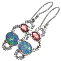 925 Silver Tourmaline Natural Australian Opal Dangle Drop Earrings, 13/16"