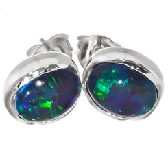 925 Silver Natural Blue Green Australian Opal Triplets Stud Earrings, 3/8"