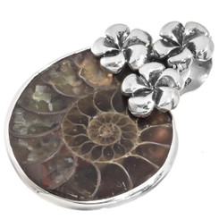 925 Silver Ammonite Fossil Fossil Flower Trio Sterling Pendant, 1 3/8"