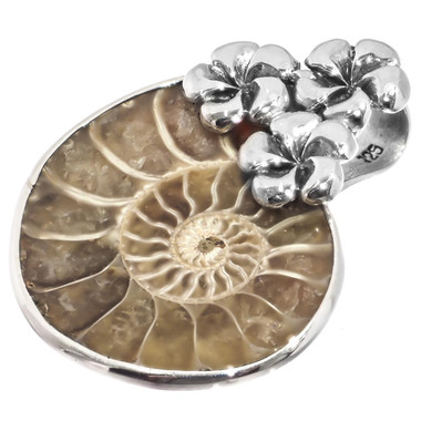 925 Silver Ammonite Fossil Fossil Flower Trio Sterling Pendant, 1 3/8"