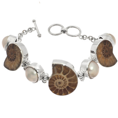 925 Silver 7pc Big White Mabe Pearl Ammonite Fossil Bracelet
