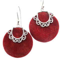 925 Sterling Silver Round Red Coral Sterling Earrings, 1"
