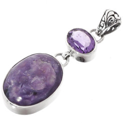 Amethyst Charoite 925 Sterling Silver Pendant, 2 3/8"