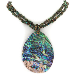 Large Teardrop Paua Abalone Pear Shell Turquoise Chips 20" Necklace, 3 5/8"