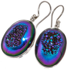 925 Silver Oval Peacock Purple Green Titanium Druzy Sterling Earrings, 1"