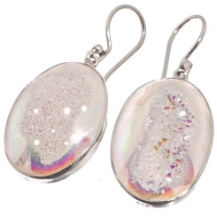 925 Silver Oval White Opal Titanium Druzy Drusy Sterling Earrings, 1"