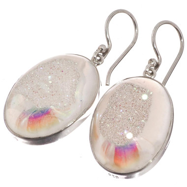 925 Silver Oval White Opal Titanium Druzy Drusy Sterling Earrings, 1"