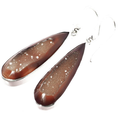 925 Silver Long Teardrop Brown Natural Druzy Drusy Sterling Earrings, 1 1/4"