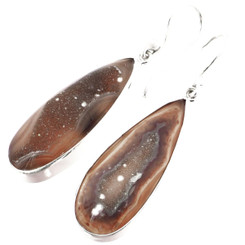 925 Silver Long Teardrop Brown Natural Druzy Drusy Sterling Earrings, 1 1/4"