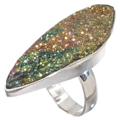 925 Silver Russian Pyrite Druzy Drusy Sterling Adj Sz 6 Ring,  1 3/8"