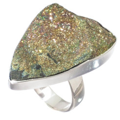 925 Silver Russian Pyrite Druzy Drusy Sterling Adj Sz 7 Ring,  1 1/8"