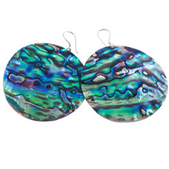 925 Silver Huge Colorful Round Paua Abalone Shell Sterling Earrings, 2 3/8"