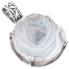 925 Silver Round Rosette Chalcedony Druzy Drusy Pendant, 1 5/8"