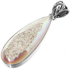 925 Silver Teardrop Sparkling Opal Titanium Druzy Drusy Sterling Pendant, 2 1/8"