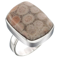 925 Silver Bold Rectangle Fossil Coral Sterling Sz 7 Ring, 3/4"