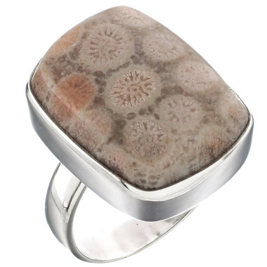 925 Silver Bold Rectangle Fossil Coral Sterling Sz 7 Ring, 3/4"