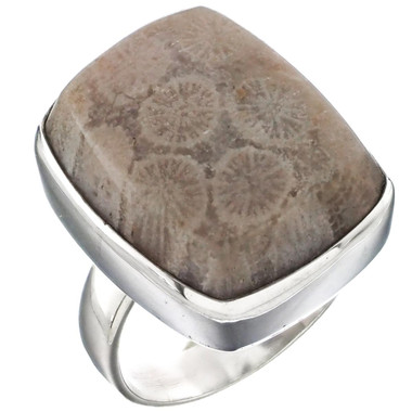 925 Silver Bold Rectangle Fossil Coral Sterling Sz 7 Ring, 3/4"