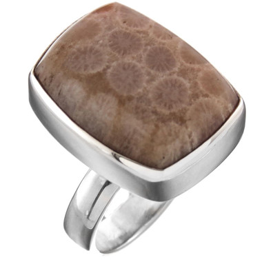 925 Silver Bold Rectangle Fossil Coral Sterling Sz 7 Ring, 3/4"
