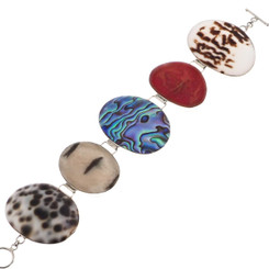 925 Silver Paua Abalone Red Coral Cone Shell Cowry Sterling Bracelet, 7.5-8.5"