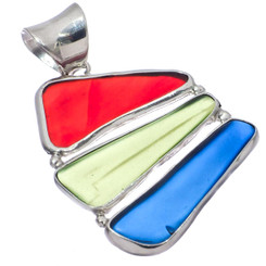 925 Silver Triple Colorful Beach Glass Sterling Pendant, 1 5/8"